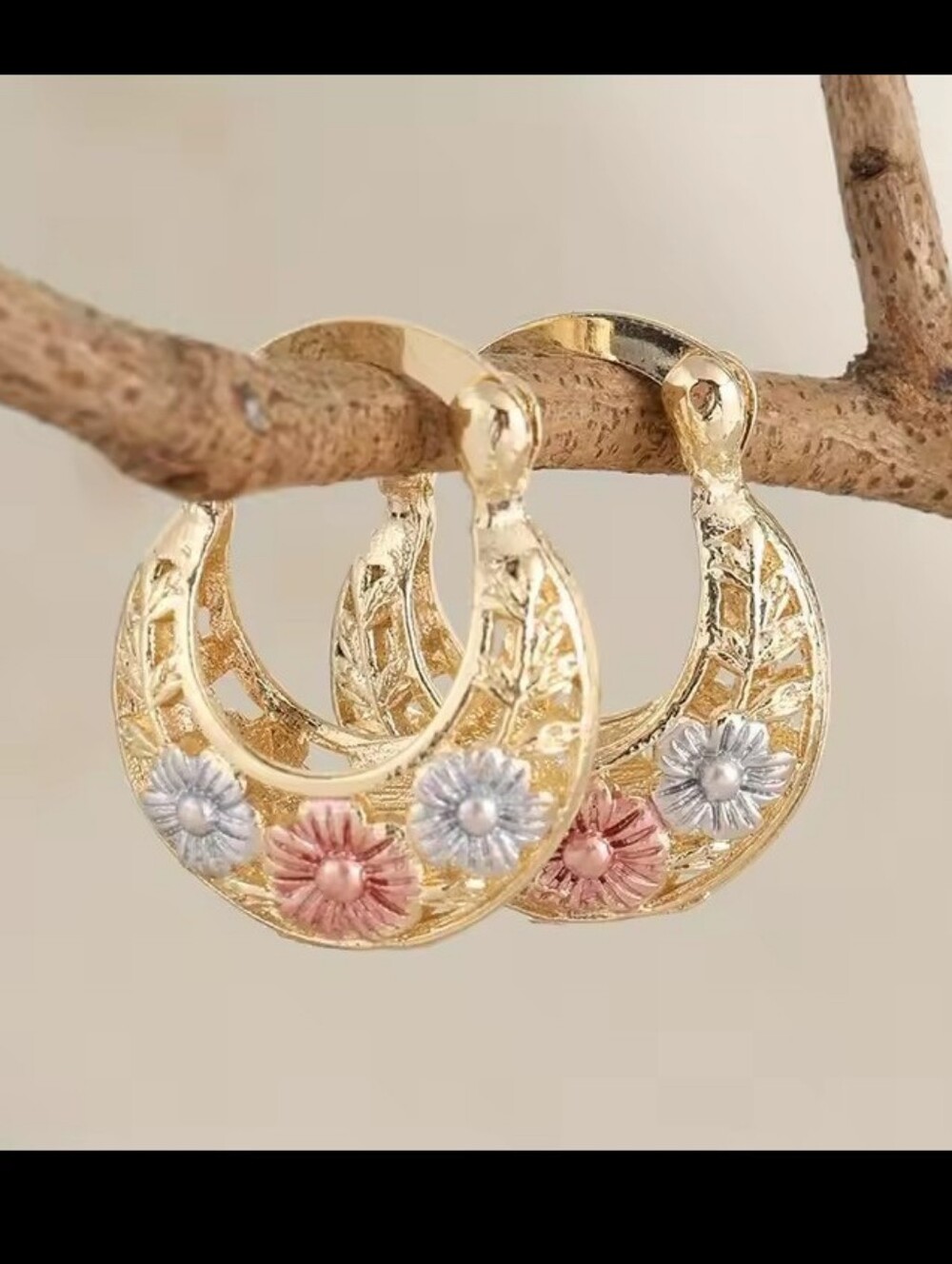Gold Floral Hoop Earrings with Rose and Silver Accents Women's Jewelry New G16